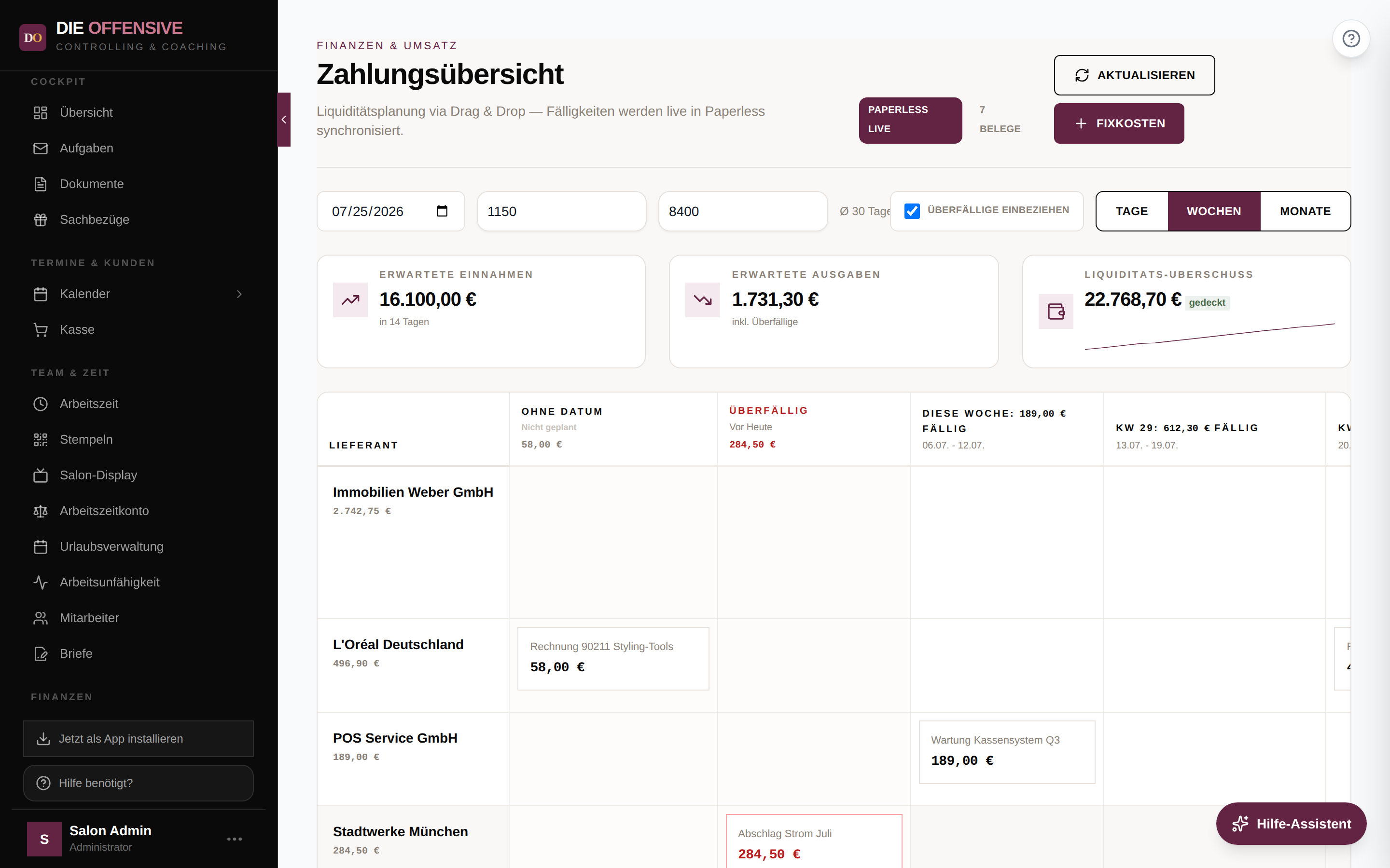 Zahlungsübersicht: Matrix mit Lieferanten in den Zeilen und Fälligkeits-Spalten (Ohne Datum, Überfällig, Kalenderwochen), darüber die Liquiditäts-Kennzahlen