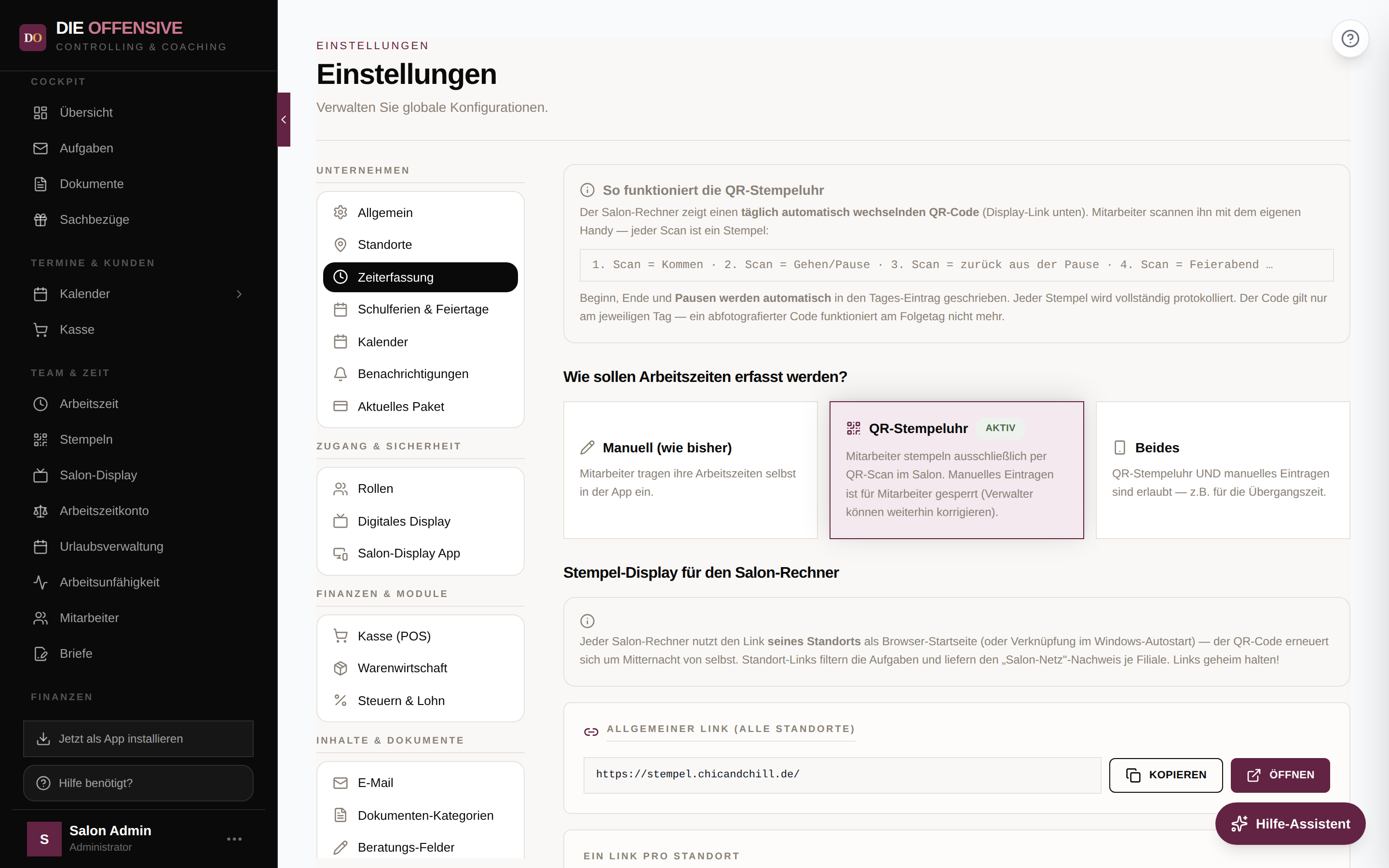 System-Einstellungen, Tab Zeiterfassung: die drei Modus-Kacheln Manuell, QR-Stempeluhr (aktiv) und Beides