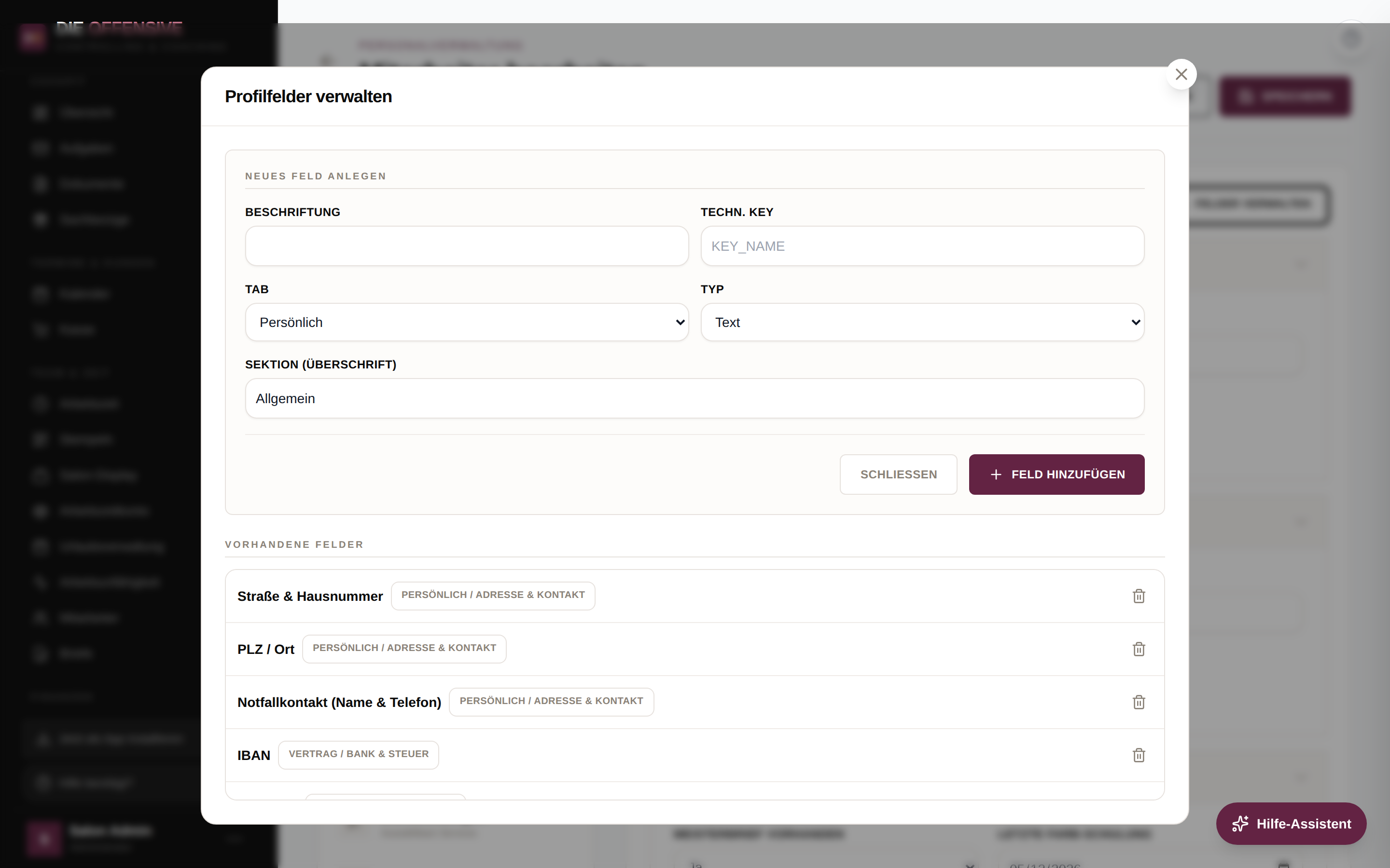 Modal Profilfelder verwalten mit Formular für neues Feld (Beschriftung, Techn. Key, Tab, Typ, Sektion) und Liste der vorhandenen Felder