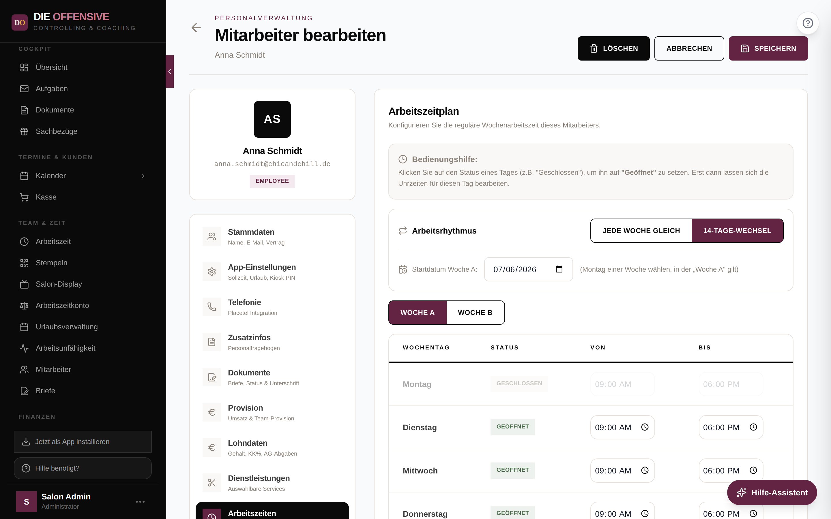 Arbeitszeitplan mit aktiviertem 14-Tage-Wechsel: Startdatum Woche A und Wochen-Umschalter