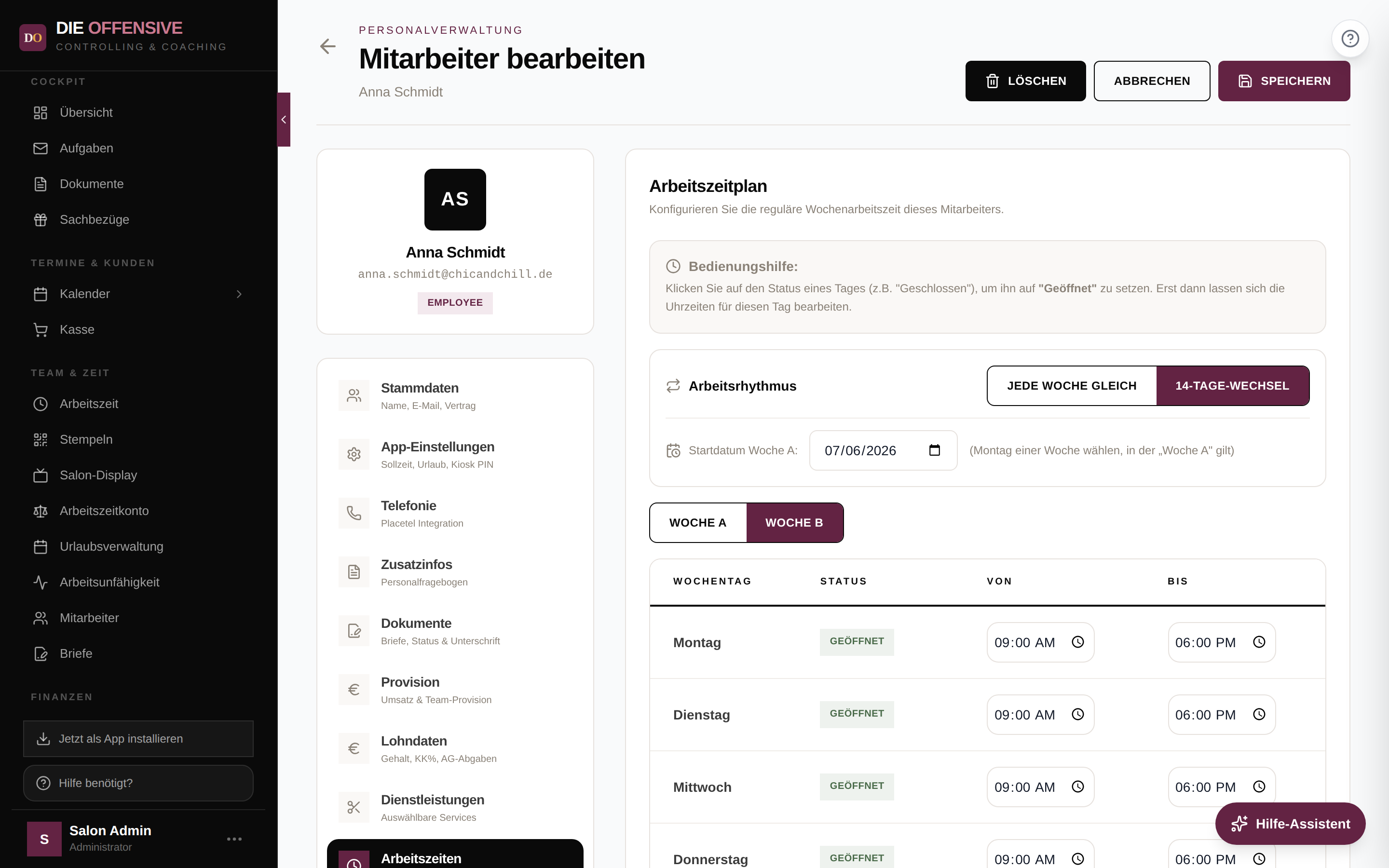 Wochenplan Woche B mit geöffnetem Montag im Vergleich zu Woche A
